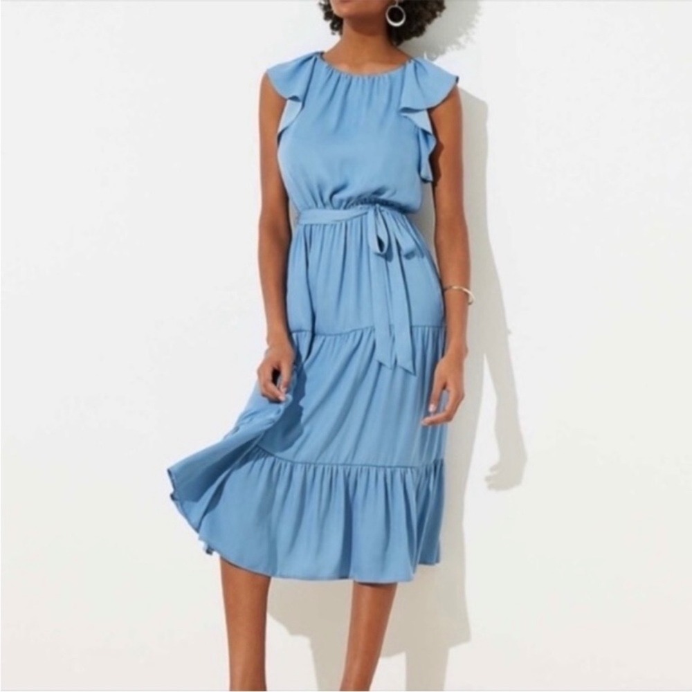 Loft Blue Ruffle Flutter Sleeve Tiered Maxi Dress Elastic Waist NWT XS